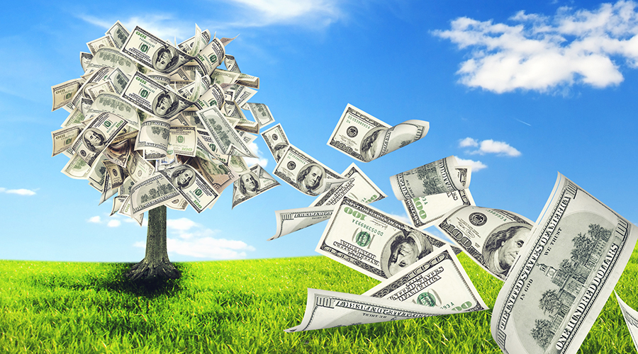 money blowing off a tree